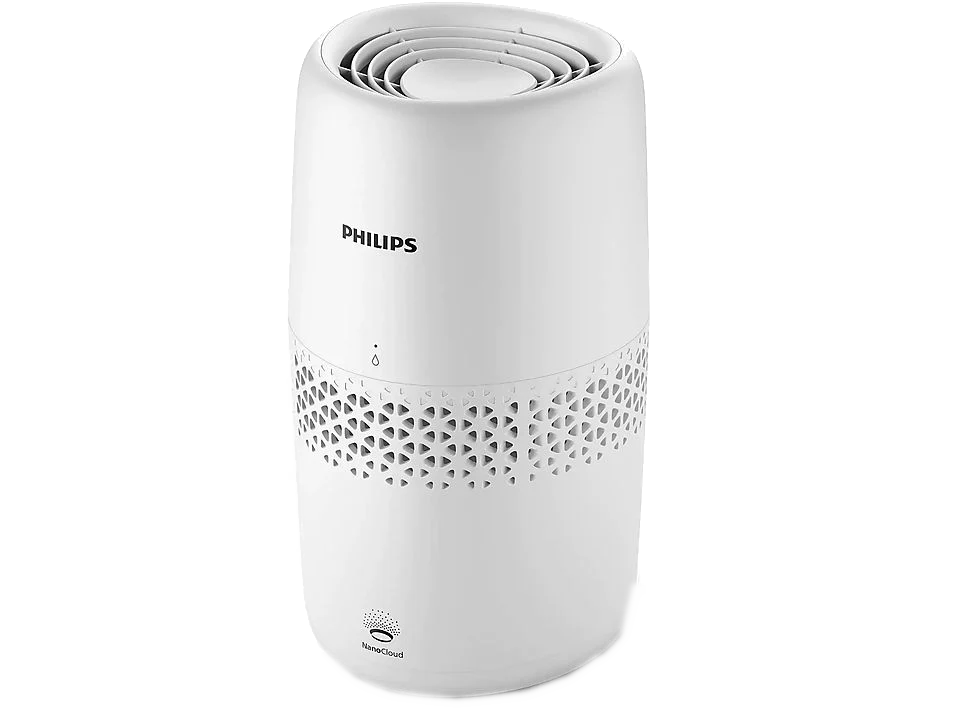 Weißer Luftreiniger mit zylindrischem Körper und gemustertem Unterteil.