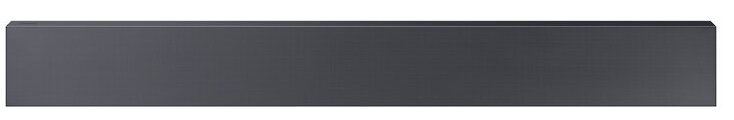 Ciemnoszary soundbar na białej powierzchni.