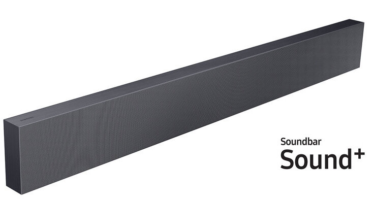 Długi, prostokątny, ciemnoszary soundbar z wzorzystą powierzchnią, na białym tle.