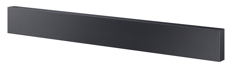 Długi czarny soundbar na białym tle.