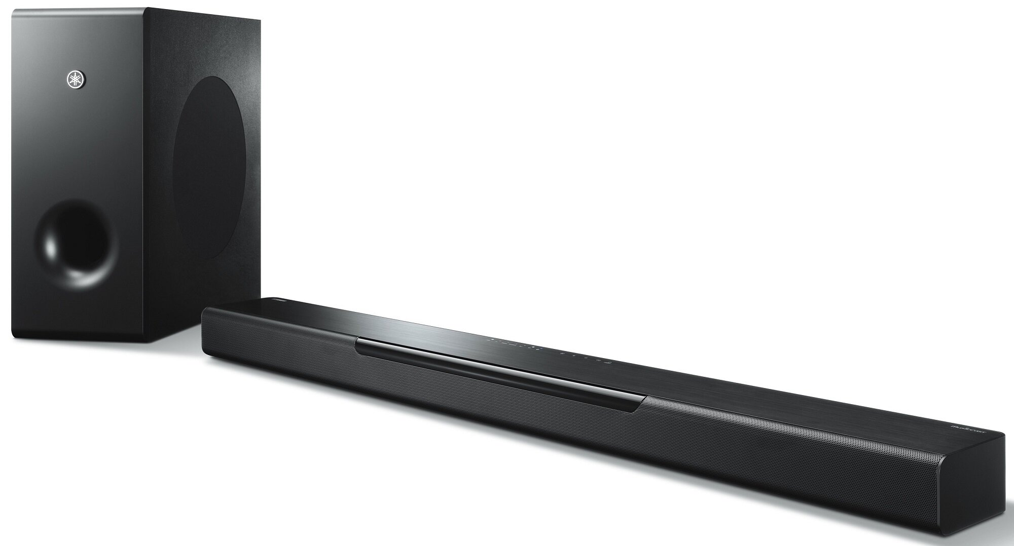 Czarny soundbar i subwoofer Yamaha. Soundbar jest długi i cienki. Subwoofer to czarny prostokąt.