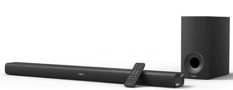 Czarny soundbar i system subwoofera z pilotem, na białym tle.
