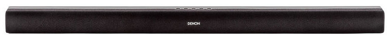 Długi, czarny soundbar z subtelnym logo Denon na białym tle.