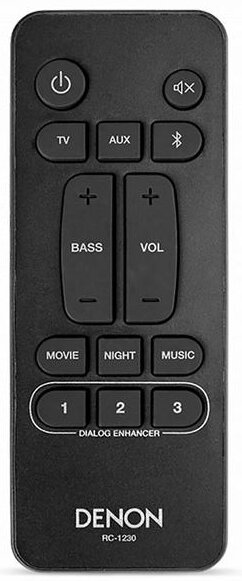 Czarny pilot Denon z przyciskami zasilania, głośności, basów i film/muzyka.