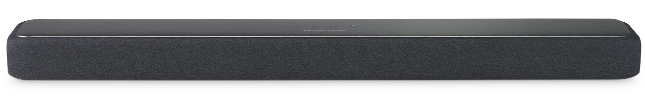 Czarny soundbar na białym tle, z siatkowym przodem i eleganckim, nowoczesnym designem.