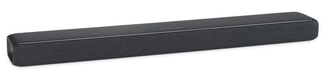 Długi, czarny soundbar, poziomy, na białym tle. Soundbar ma fakturę podobną do tkaniny.