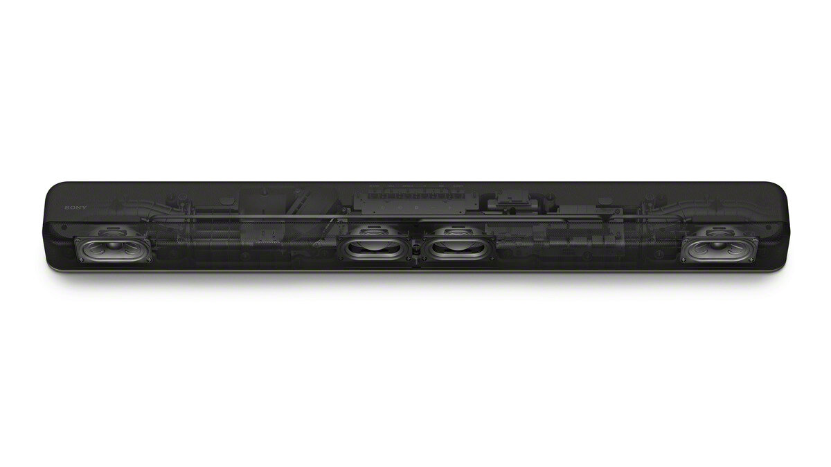 Czarny soundbar z widocznymi elementami wewnętrznymi, głośniki na obu końcach. Białe tło.