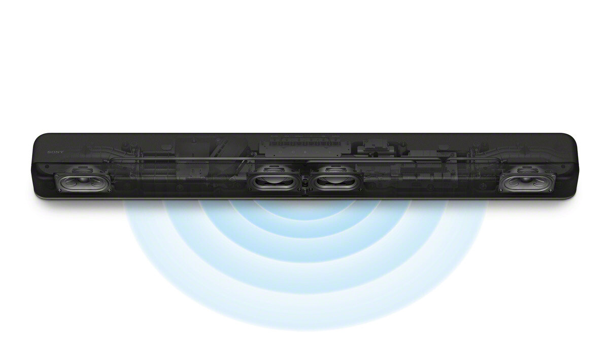 Czarny soundbar. Pokazuje wewnętrzne elementy i niebieskie fale dźwiękowe.