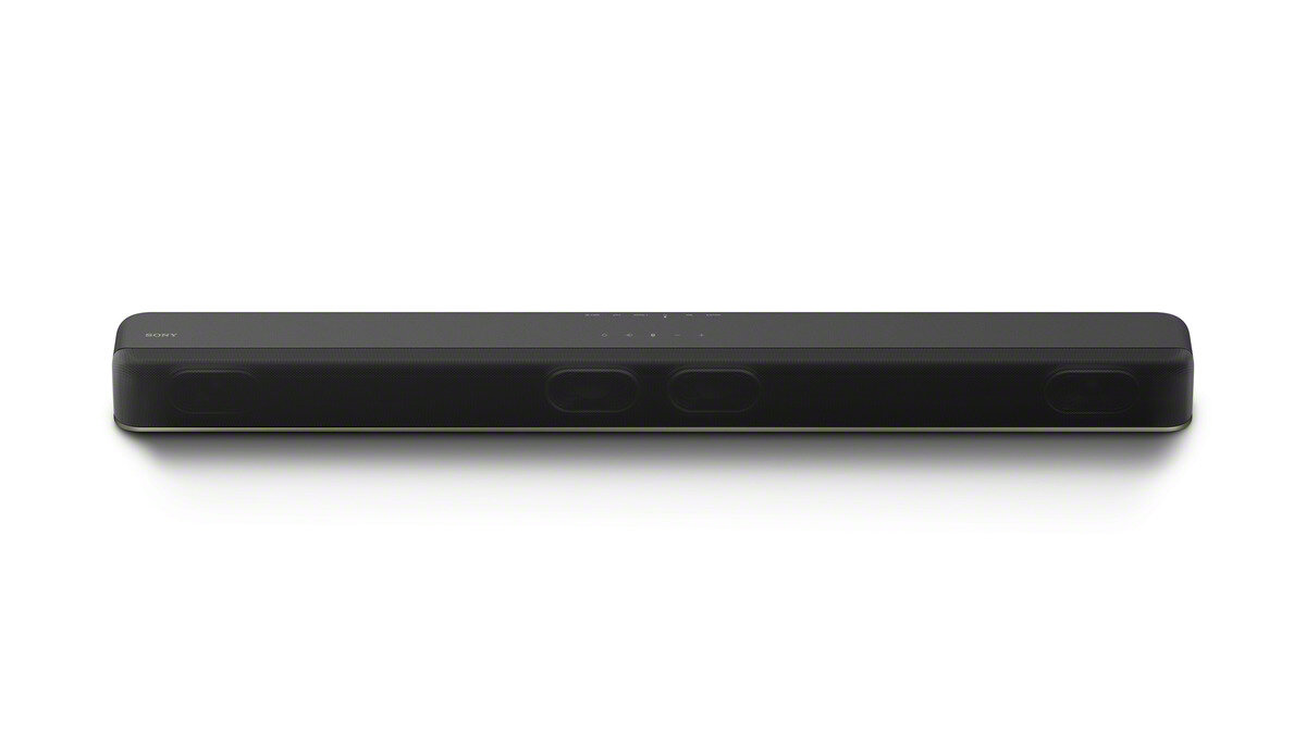 Czarny soundbar na białym tle.