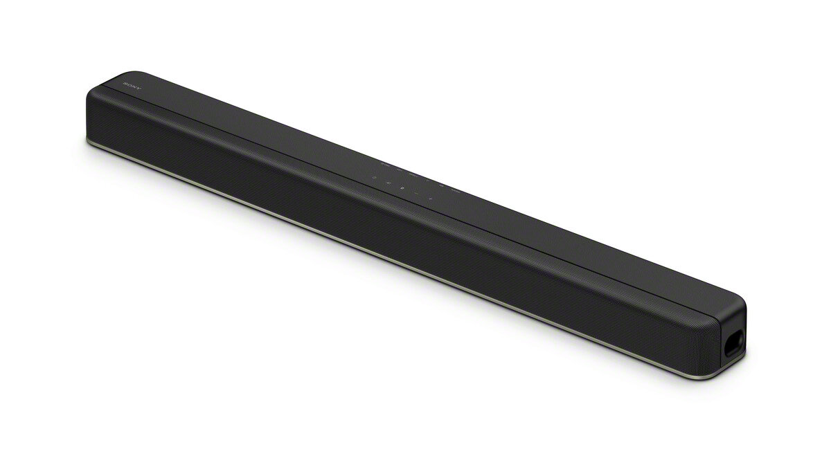 Czarny soundbar na białym tle.