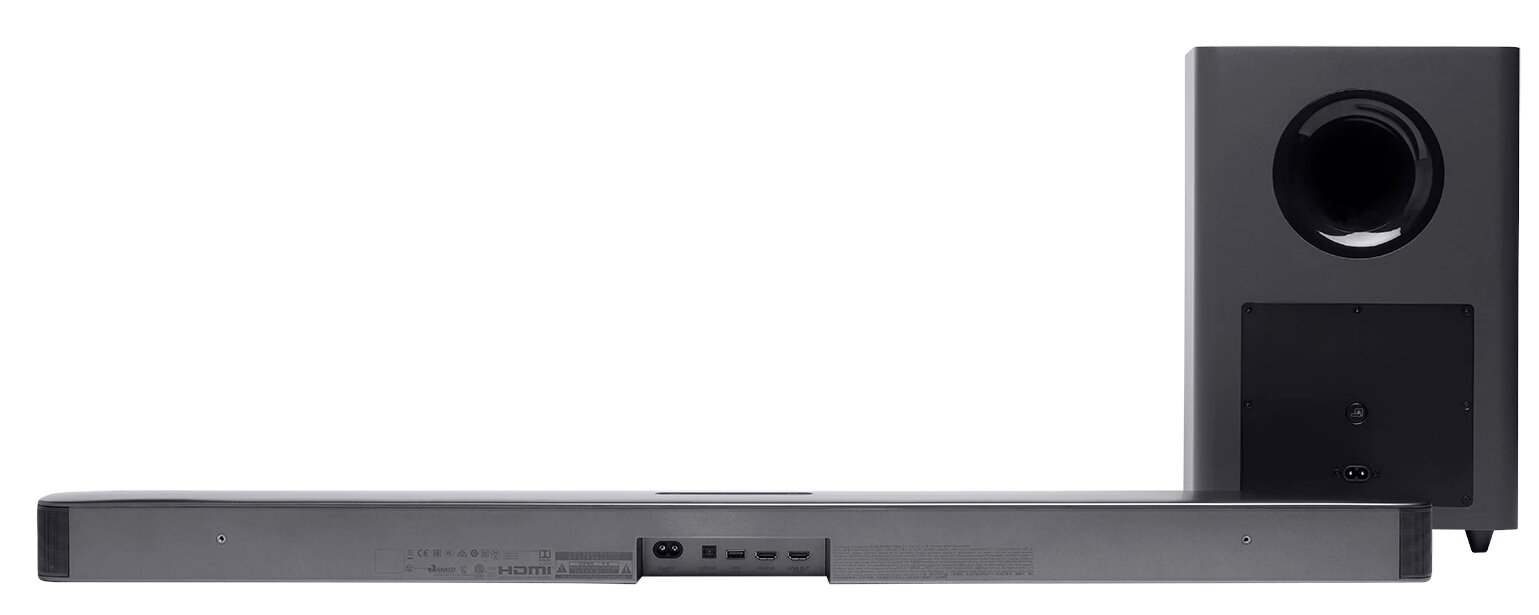 Czarny soundbar i subwoofer. Soundbar ma HDMI i inne porty.