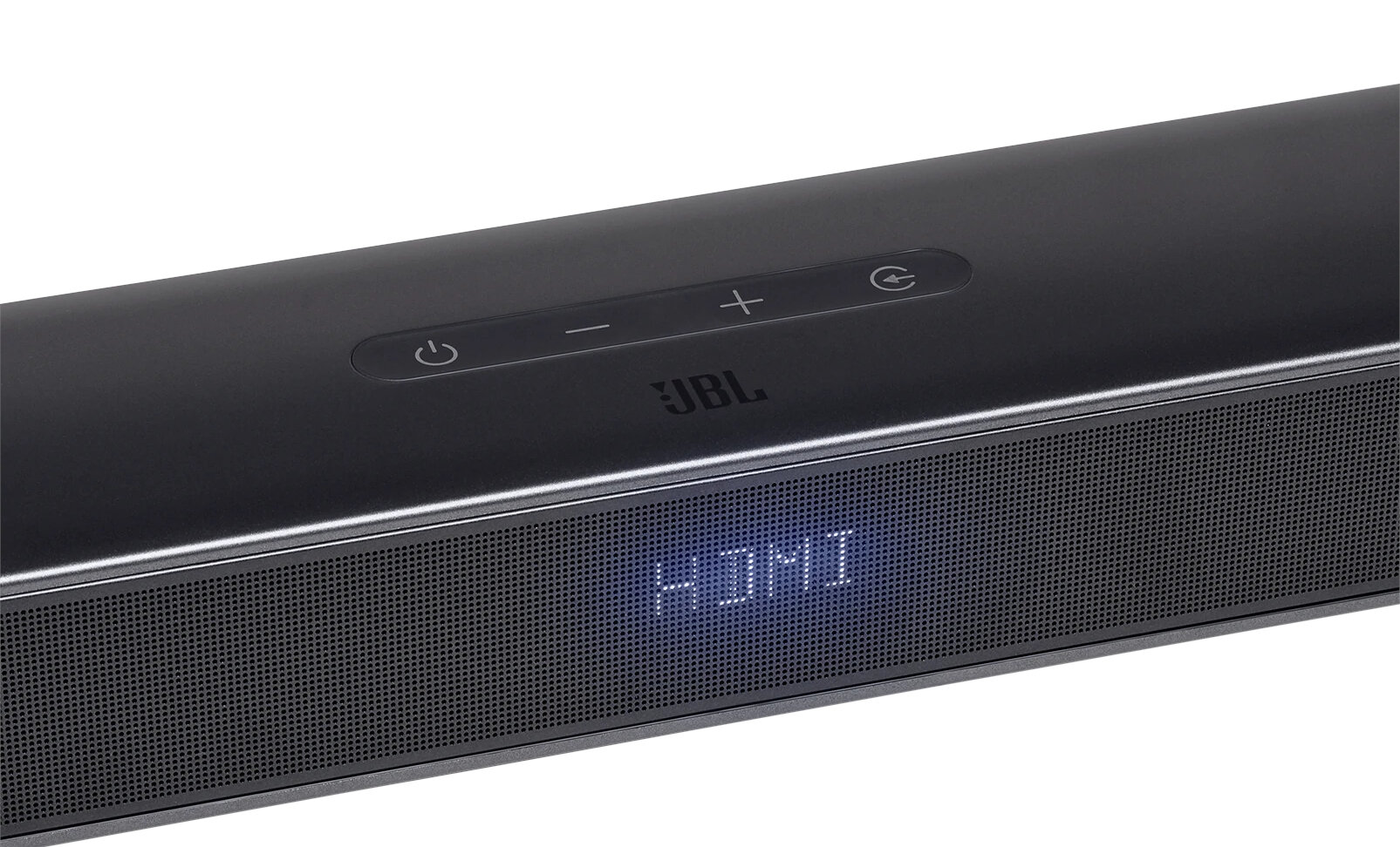 Czarny soundbar JBL z przyciskami funkcyjnymi i wyświetlaczem z napisem 'HDMI' w niebieskim świetle.