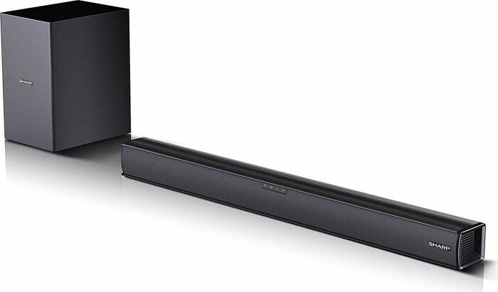 Czarny soundbar i subwoofer na białej powierzchni.
