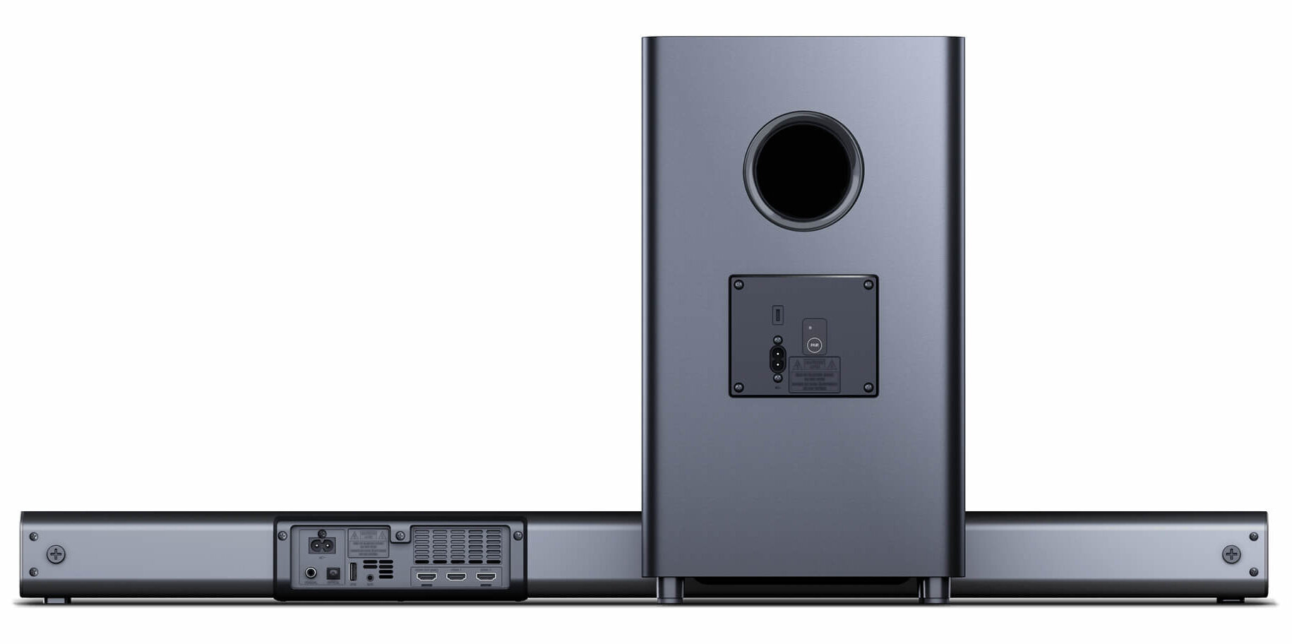 Soundbar i subwoofer. Czarny soundbar z portami, szary subwoofer z portem.