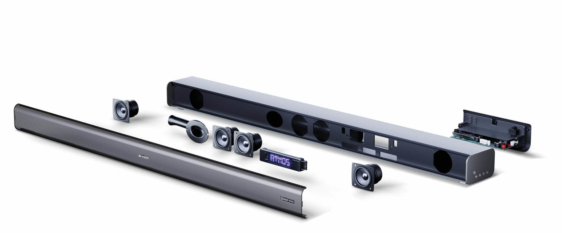 Widok rozłożony systemu soundbar. Elementy są rozdzielone.