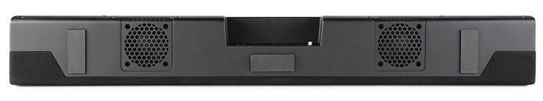 Długi, czarny soundbar z dwiema kratkami głośnikowymi i centralnym zagłębieniem.