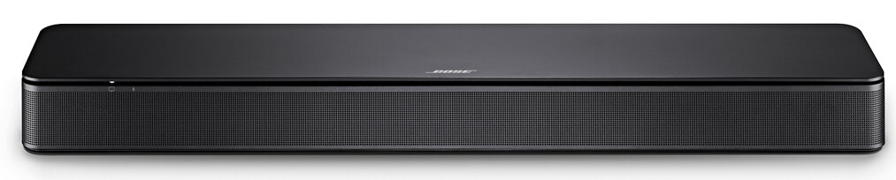 Czarny soundbar Bose na białej powierzchni. Przód perforowany, góra gładka, widoczne logo Bose.