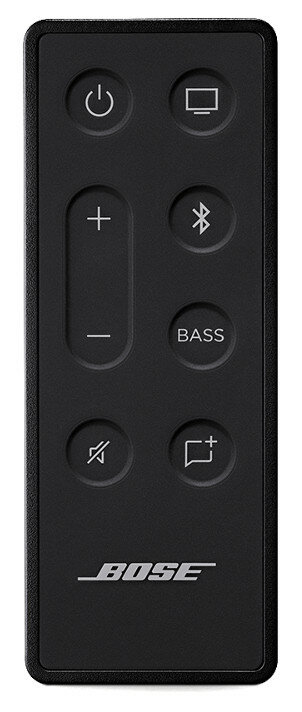 Czarny pilot Bose. Posiada przyciski zasilania, głośności, wyciszenia, Bluetooth, TV, basów i inne. Logo Bose na dole.