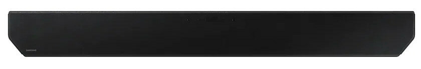 Długi, czarny soundbar z marką, ustawiony pod kątem na białej powierzchni.