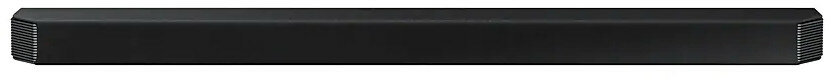 Długi, cienki, czarny soundbar z siatką na obu końcach.