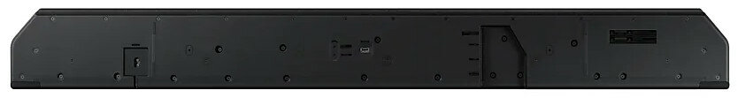 Widok z tyłu soundbaru z wieloma portami i połączeniami.