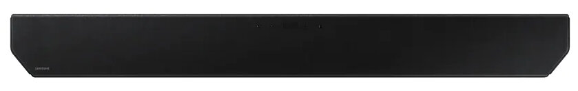 Elegancki, czarny głośnik soundbar o minimalistycznym designie, spoczywający na białej powierzchni.