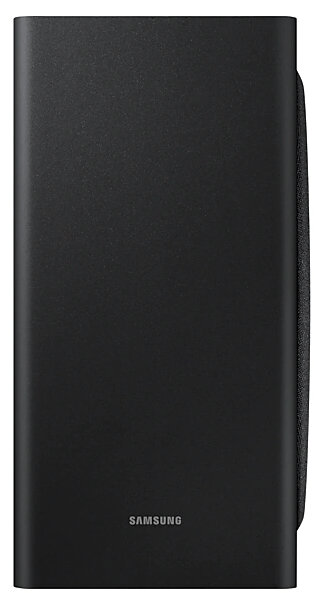 Czarny soundbar Samsung. Jest prostokątny i ma logo Samsung.