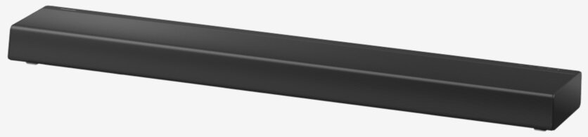 Czarny soundbar na białej powierzchni, układ poziomy.