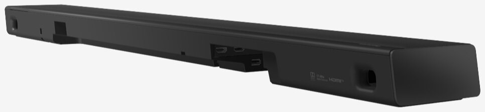 Czarny soundbar, widok z tyłu. Pokazuje porty i połączenia.