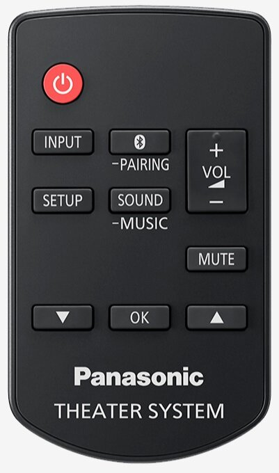 Czarny pilot Panasonic z przyciskami zasilania, wejścia, głośności i wyciszenia.