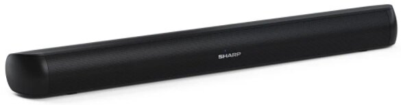 Czarny soundbar z zaokrąglonymi końcami na białej powierzchni. Słowo "SHARP" jest napisane na przodzie urządzenia.