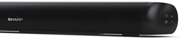 Czarny soundbar z logo Sharp. Po prawej stronie znajdują się przyciski zasilania i głośności. Przód ma siatkową konstrukcję.