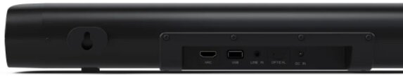 Czarny soundbar z portami: ARC, USB, Line In, Optical i DC IN. Po lewej stronie hak do montażu.