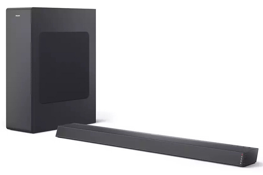 Czarny subwoofer i soundbar. Białe tło.