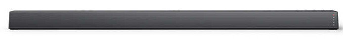 Długi, ciemnoszary soundbar. Jest niskoprofilowy i poziomy.
