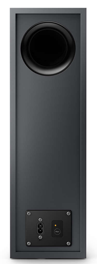 Wysoki, ciemnoszary głośnik z tyłu. Port zasilania i przycisk 'Pair' na dole.