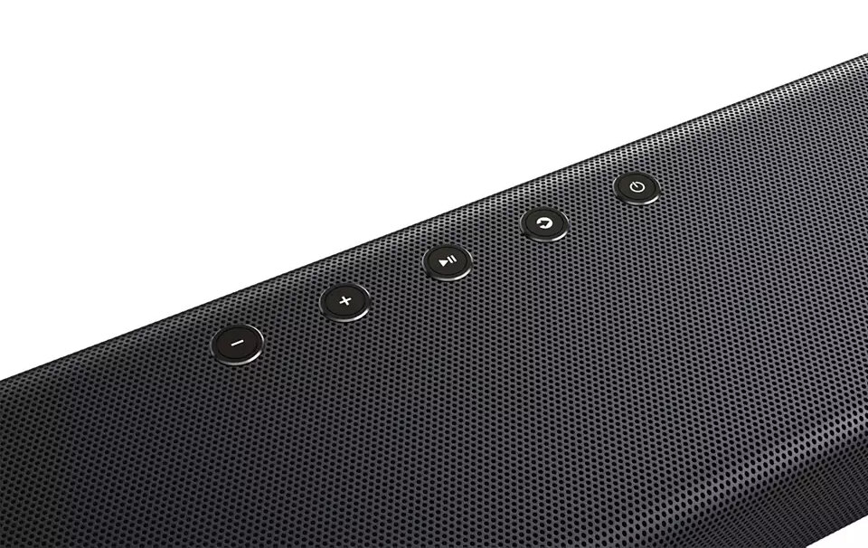 Czarny soundbar z przyciskami zasilania, głośności i odtwarzania/pauzy, na białym tle.