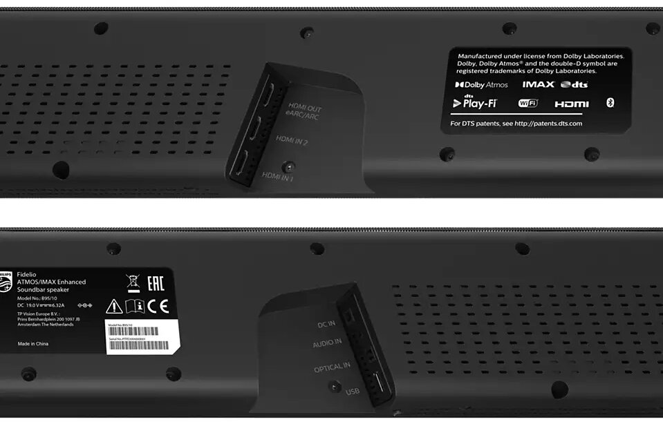 Dwa widoki czarnego soundbaru. Etykiety obejmują Dolby Atmos, WiFi i porty HDMI.
