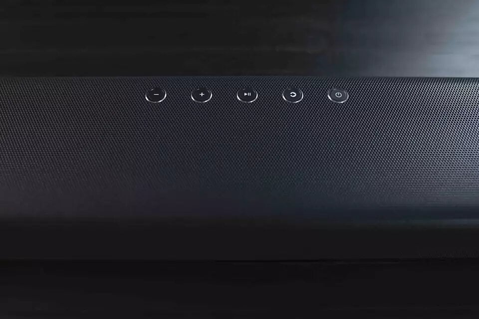 Czarny soundbar z przyciskami głośności, odtwarzania i zasilania.