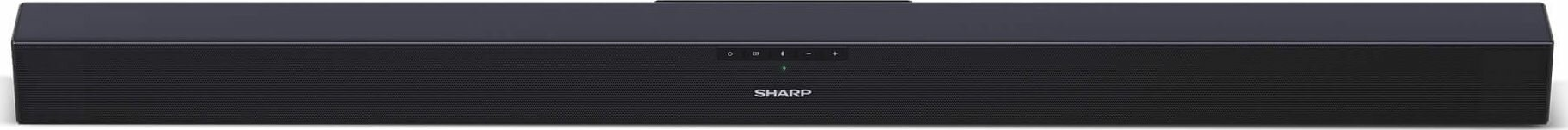 Czarny soundbar z marką SHARP. Posiada przyciski sterowania i przedni panel z siatki.