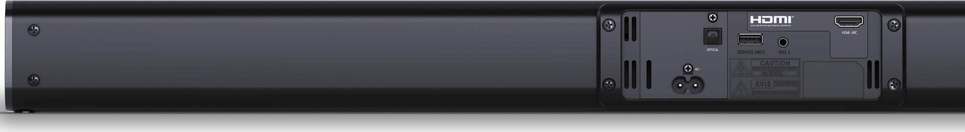 Tył czarnego soundbaru z portami optycznymi, USB i HDMI. Śruby mocują panel. Widoczne ostrzeżenia dotyczące bezpieczeństwa.