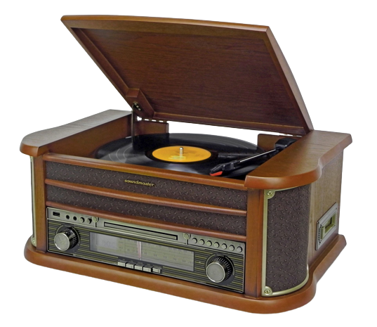 Retro-Plattenspieler aus Holz mit offenem Deckel. Eine Schallplatte liegt auf dem Plattenteller.