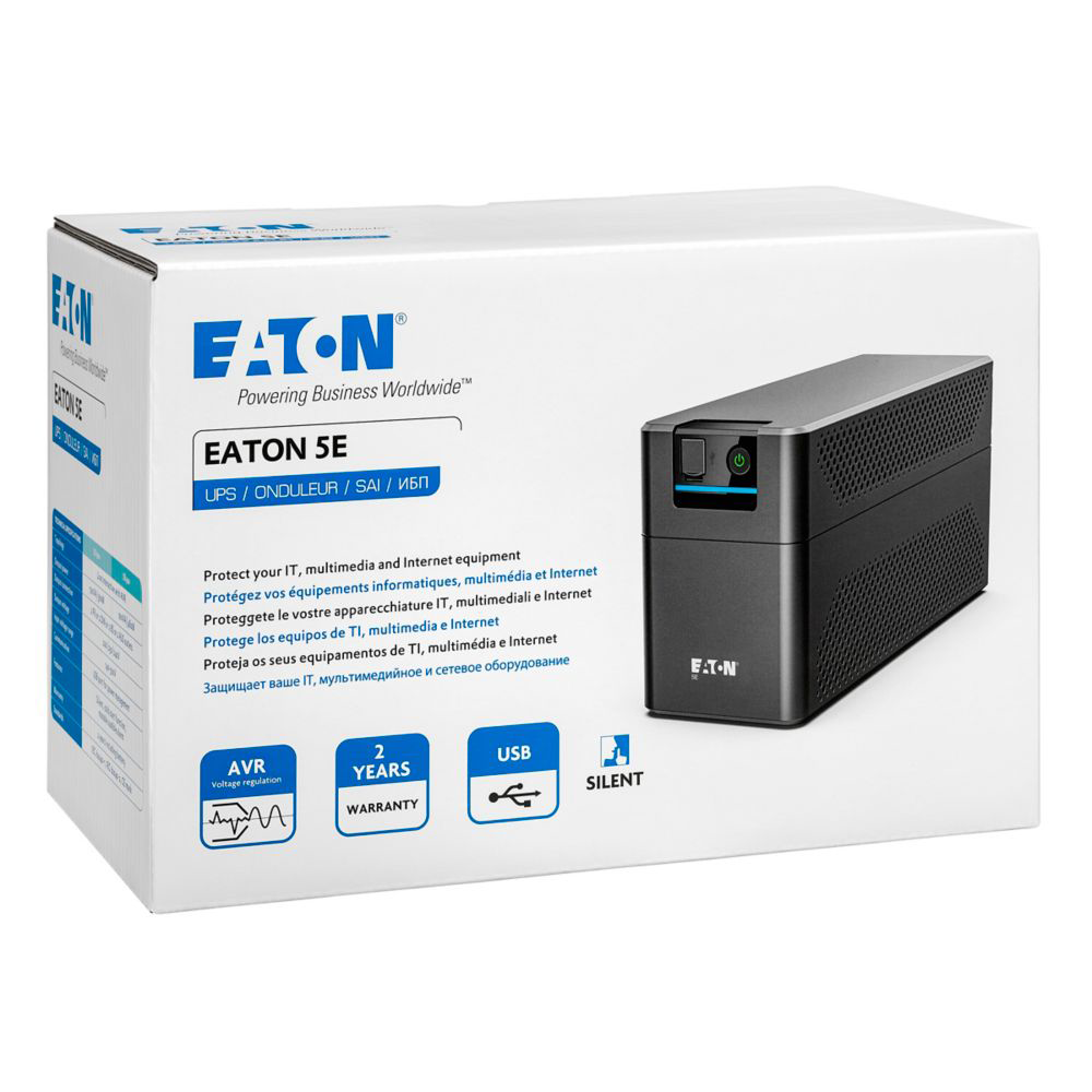 Eaton 5E UPS doboz szöveggel, UPS egységgel és ikonokkal, mint az AVR és USB.