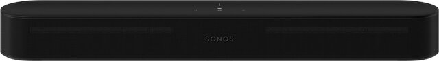 Czarny soundbar Sonos, widok z przodu, na białym tle.