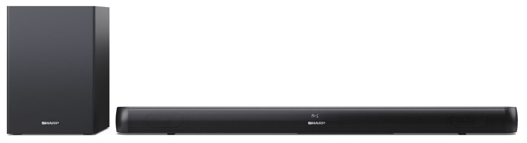 Czarny soundbar i subwoofer na białym tle, z logo SHARP.