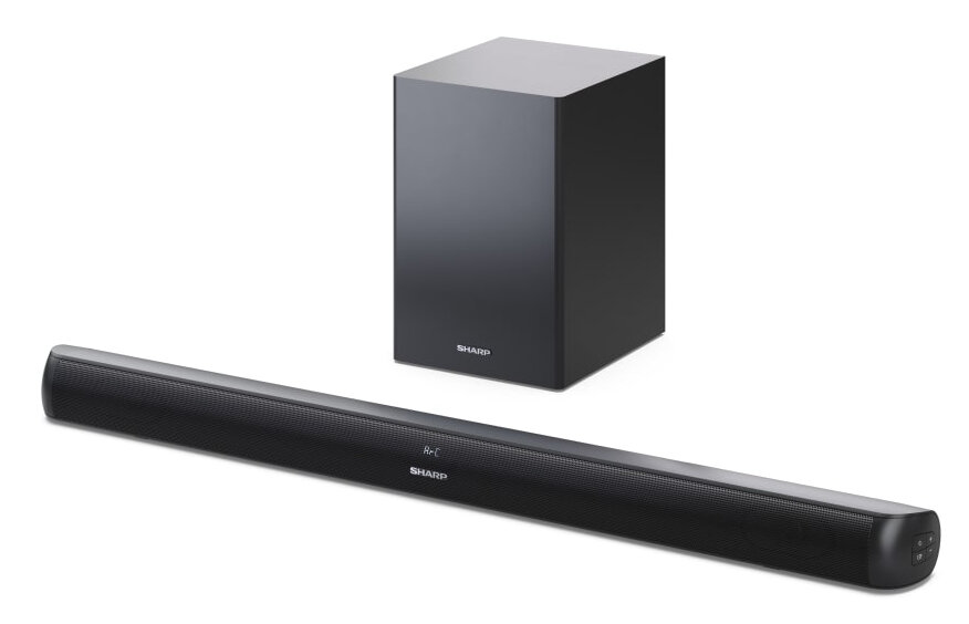 Czarny zestaw soundbar i subwoofer na białym tle.