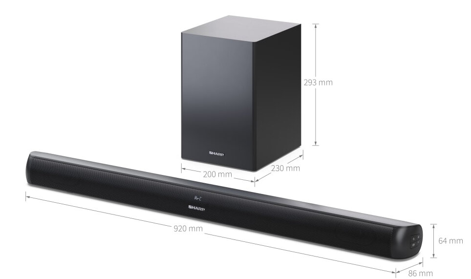 Czarny soundbar i subwoofer z wymiarami. Widoczne logo SHARP.