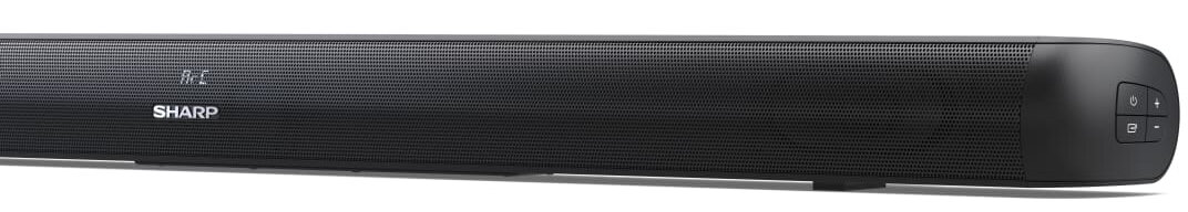 Czarny soundbar z widoczną z przodu nazwą marki SHARP.