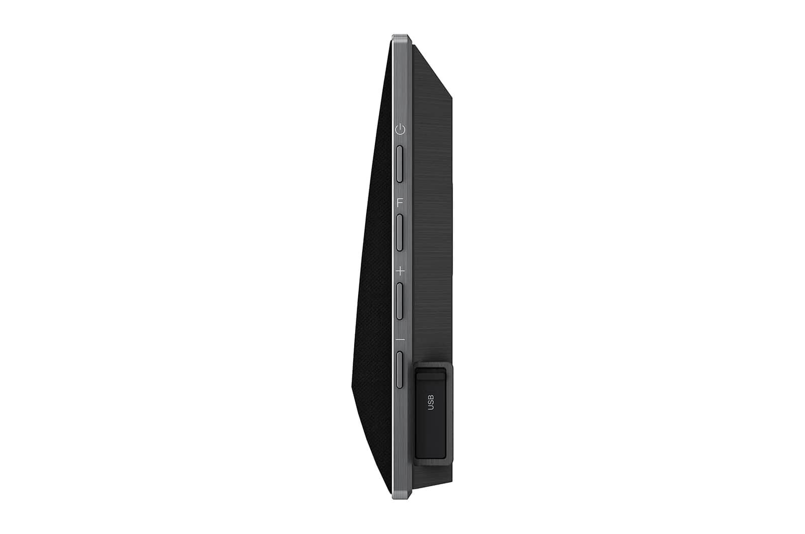 Widok z boku czarnego monitora komputera z przyciskami i portem USB.
