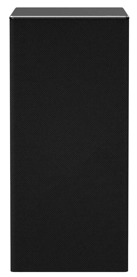 Czarny głośnik, prostokątny kształt. Metalowy wierzch. Czarny, teksturowany panel przedni.